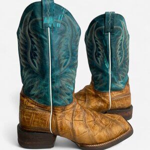 Cavender's Boots Turquoise Square Toe Men's Leather Western Cowboy Biker 8.5